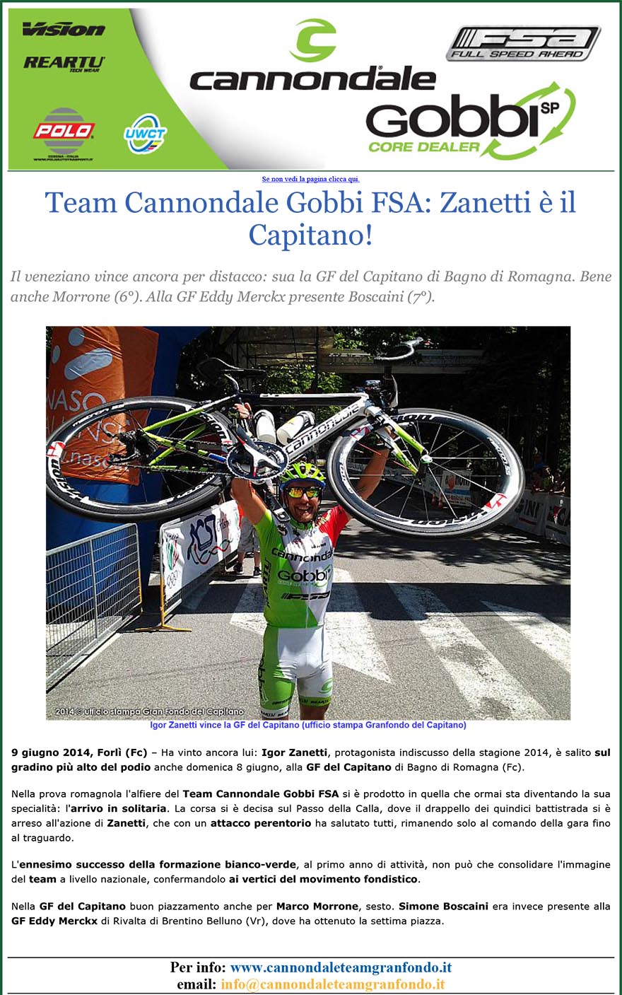 Team Cannondale Gobbi FSA: Zanetti è il Capitano!